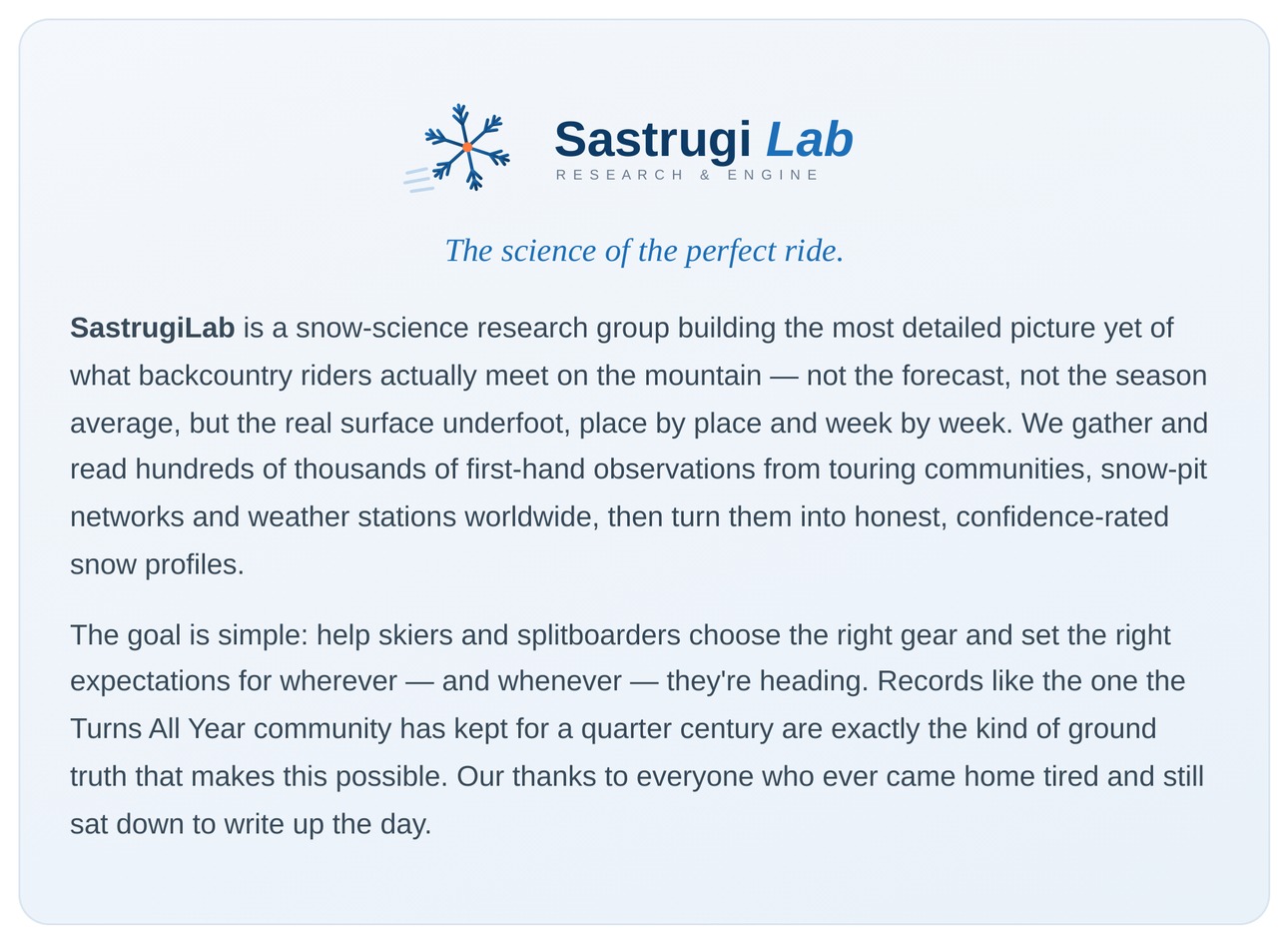 SastrugiLab — Research & Engine. The science of the perfect ride.